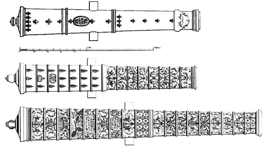 ​Османские орудия XVI века. Сверху вниз: 1) изготовленное в 1533 году. Длина орудия 2,9 м, вес 1,5 т, калибр ствола 17 см (ядро 35–40 французских фунтов); 2) изготовленное в 1581 году. Длина 2,87 м, вес 1,99 т, калибр ствола 22 см (ядро 60–75 французских фунтов); 3) изготовленное в 1581 году. Длина 3,85 м, вес 2,91 т, калибр ствола 17,8 см. Возможно, это две «бадалушка» и «колунбурна». Датировка: Musée de l'Armée - Пушки и турки: Мохачское поле | Военно-исторический портал Warspot.ru