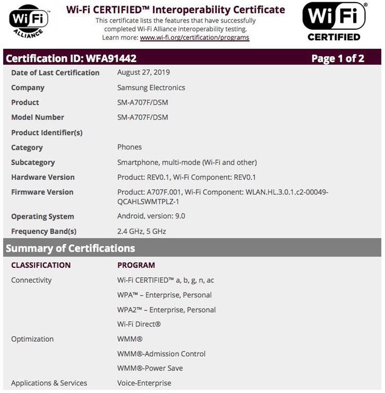 Смартфон среднего уровня Samsung Galaxy A70s получил сертификацию Wi-Fi Alliance Смартфон среднего уровня Samsung Galaxy A70s получил сертификацию Wi-Fi Alliance новости,смартфон,статья