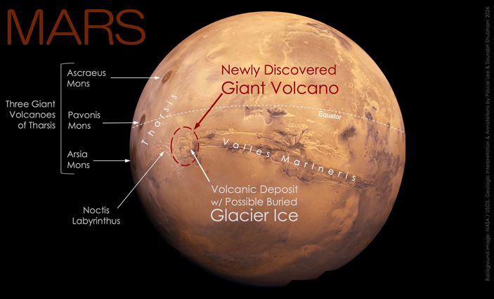 Рис. 1. Недавно обнаруженный гигантский вулкан расположен к югу от экватора Марса, в области под названием лабиринт Ночи