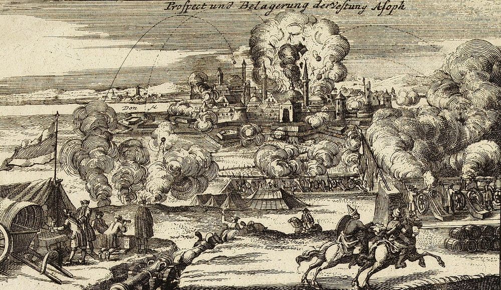 «Осада Азова в 1736 году». На старинной гравюре здесь изображён момент взрыва порохового погреба в крепости во время бомбардировки 19 июня 1736 года