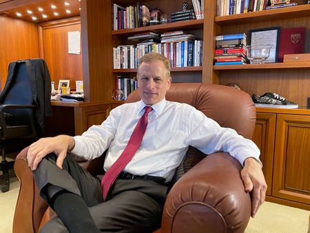 Dallas Federal Reserve Bank President Robert Kaplan speaks during an interview in his office at the bank's headquarters in Dallas, Texas, U.S. January 9, 2020. REUTERS/Ann Saphir