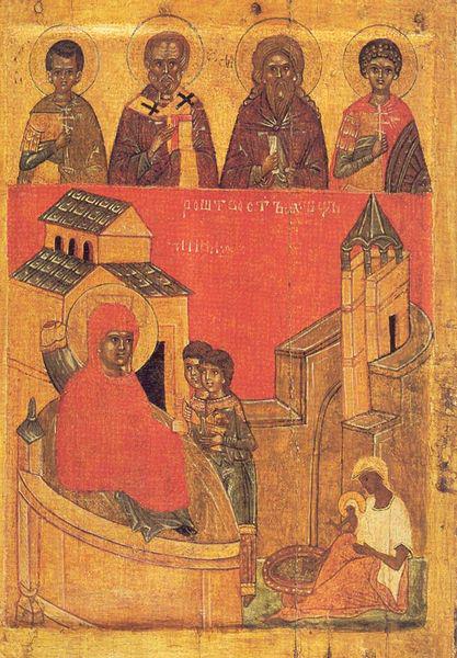 Рождество Богоматери с избранными святыми. Новгород. Конец XIV - начало XV вв. Третьяковская галерея, Москва