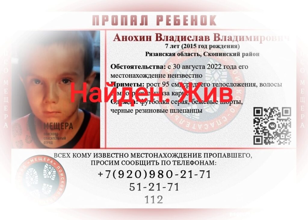 Пропавший в Рязанской области 7-летний мальчик найден живым