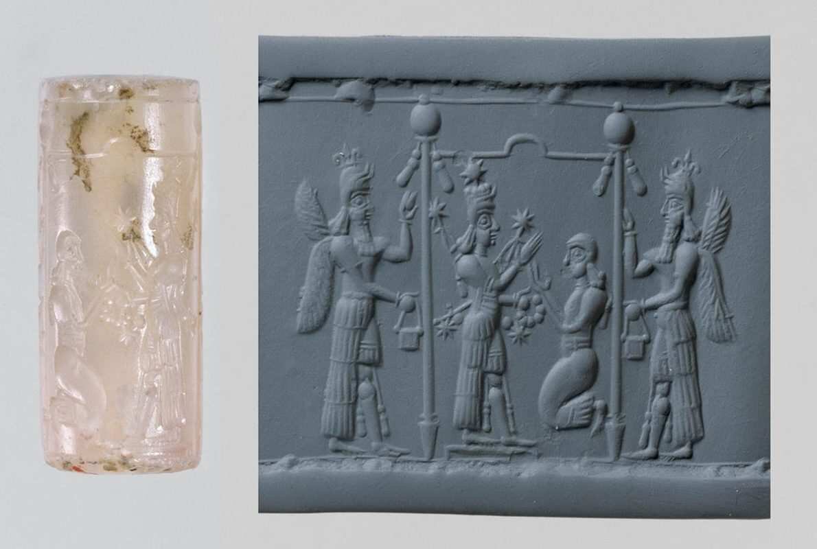 Месопотамская цилиндрическая печать с культовым знаком, конец 9-го - начало 8-го века до нашей эры, через Метрополитен-музей, Нью-Йорк.