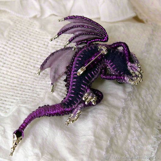 Brooches handmade. Brooch dragon 'Princess Violetta'. Brooch beads. Royal Purple. master Alena Litvin. My Livemaster.Brooch