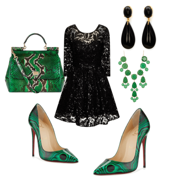 Зелёные лабутены, чёрное платье, сумочка, чёрные серьги, зелёное колье