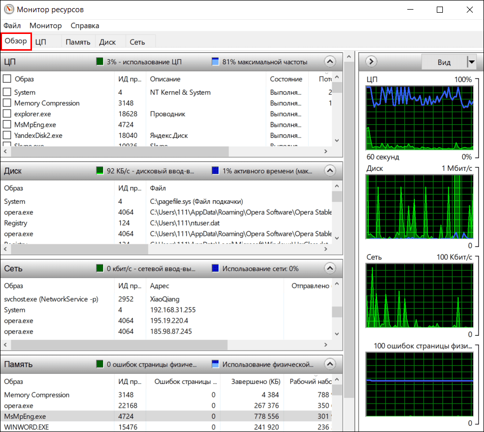 Монитор ресурсов Windows