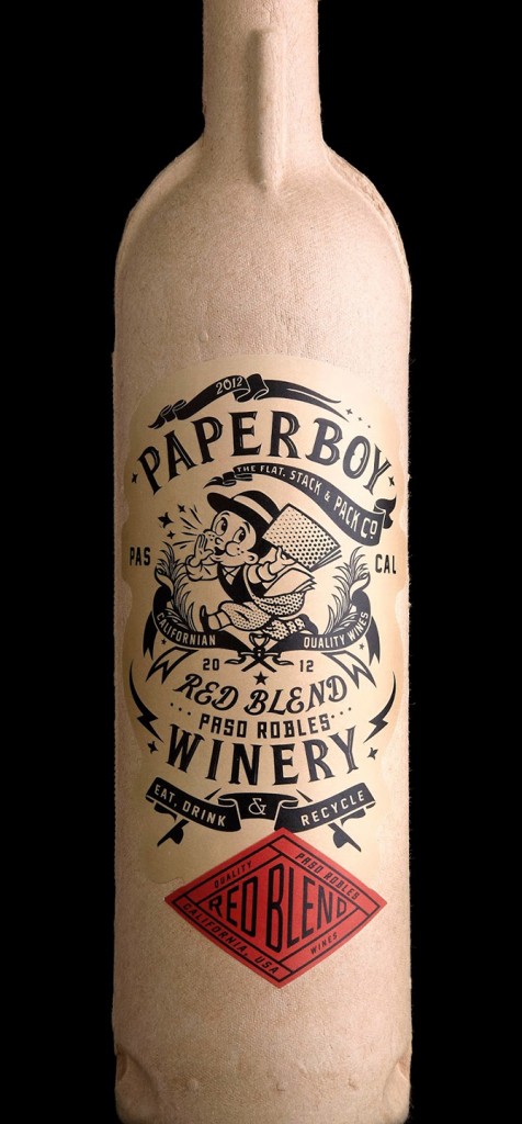 Вино Paperboy. Бутылка изготовлена из сжатой переработанной бумаги и гораздо быстрее и легче, чем стекло, перерабатывается снова. Stranger & Stranger, США.