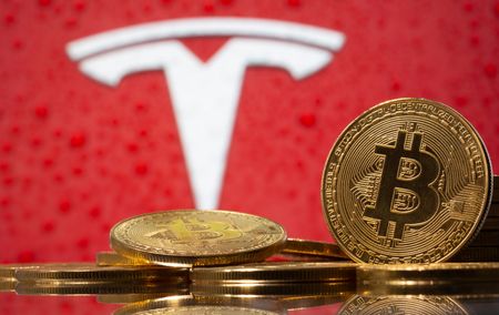 Representations of virtual currency Bitcoin are seen in front of Tesla logo in this illustration taken, February 9, 2021. REUTERS/Dado Ruvic/Illustration 