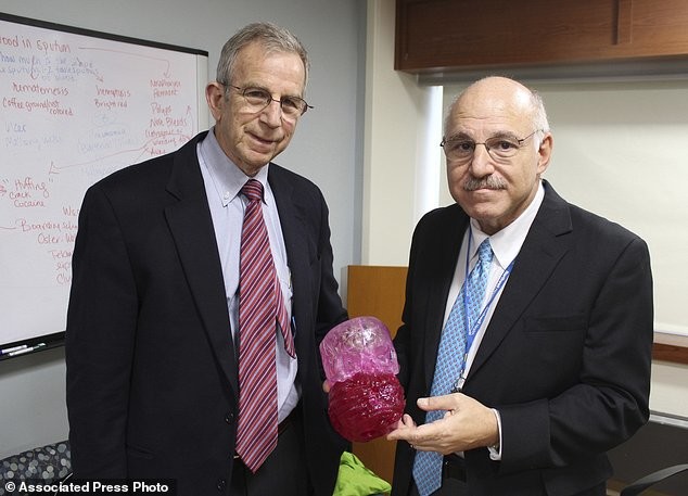 Врачи Дэвид Хоффман (слева) и Армен Касабьян показывают 3D-модель опухоли и реальную опухоль (она темно-красного цвета) врачи, операция, опухоль