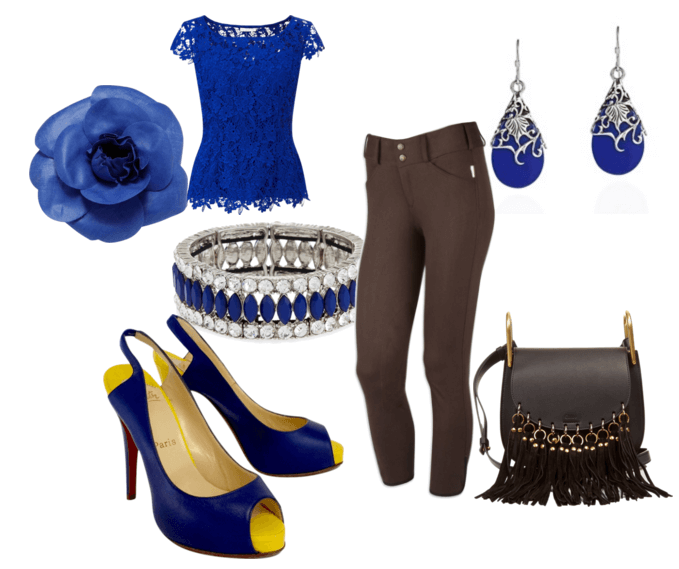 Синие лабутены, коричневые бриджи, синий кружевной топ, сумочка с базромой, синие серьги, браслет, заколка для волос