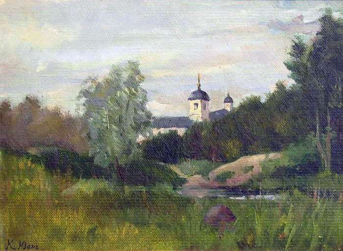 1890-е Пейзаж с церковью. Картон, масло. - Юон Константин Федорович