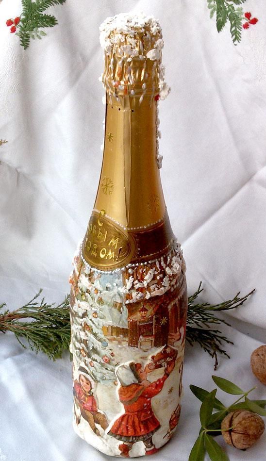 Идеи декупажа бутылок к Новому году декор