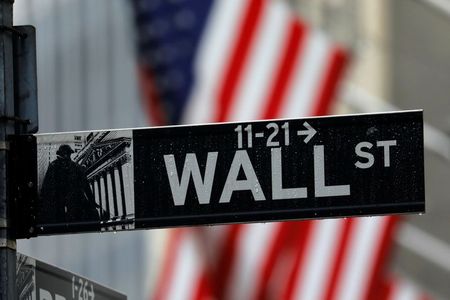 Raindrops hang on a sign for Wall Street outside the New York Stock Exchange in Manhattan in New York City, New York, U.S., October 26, 2020. REUTERS/Mike Segar