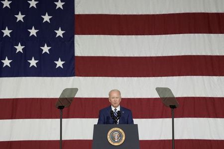 U.S. President Joe Biden speaks as he visits Joint Base Langley-Eustis with first lady Jill Biden, in Hampton, Virginia, U.S. May 28, 2021. REUTERS/Ken Cedeno