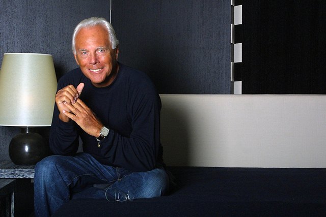Publicity photo of Italian fashion designer Giorgio Armani. Armani arrived Hong Kong on 18 April 2004 for a three-day visit and to hold a fashion show of his world-renowned fashion brand on Tuesday.