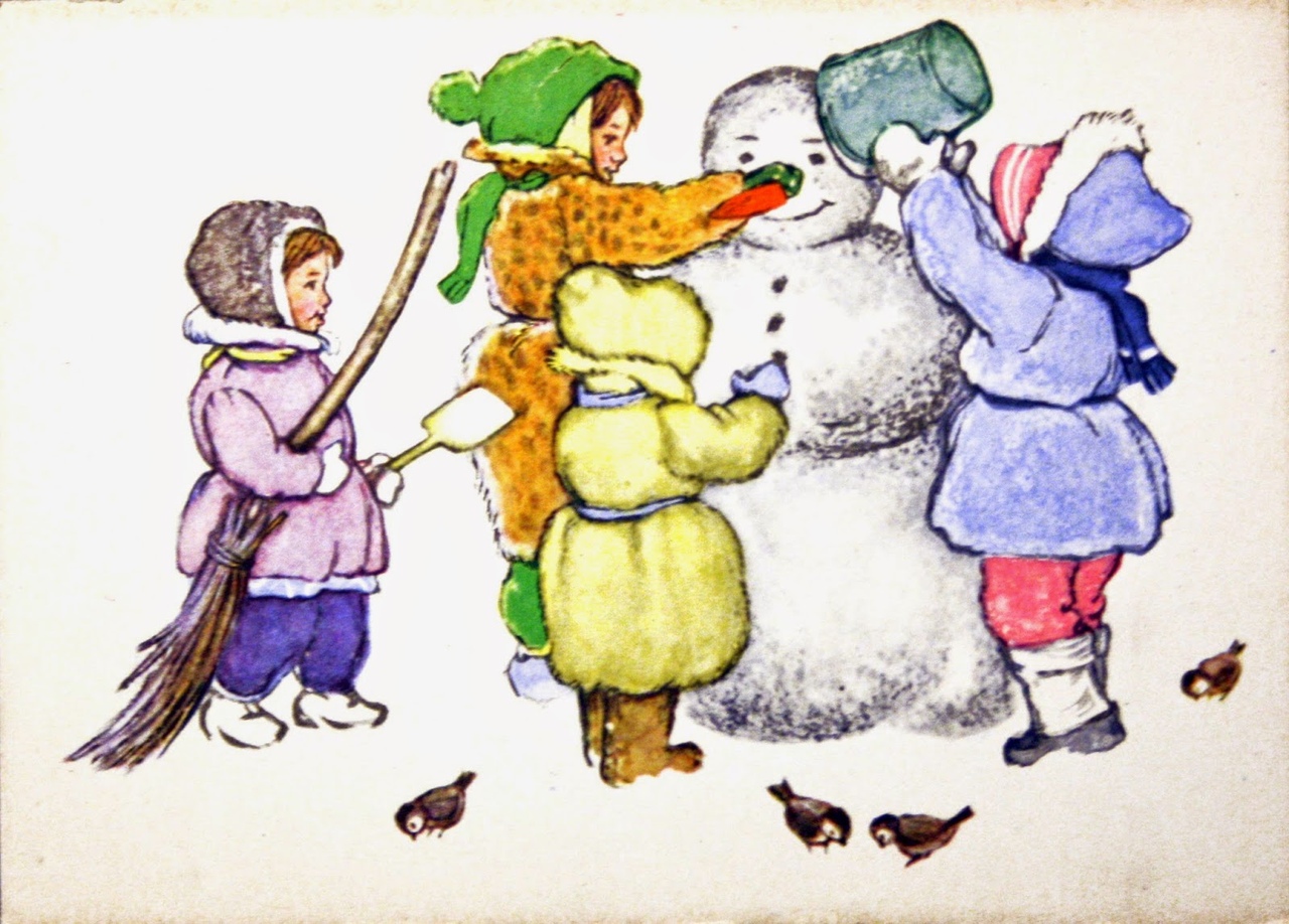 Картина дети лепят снеговика