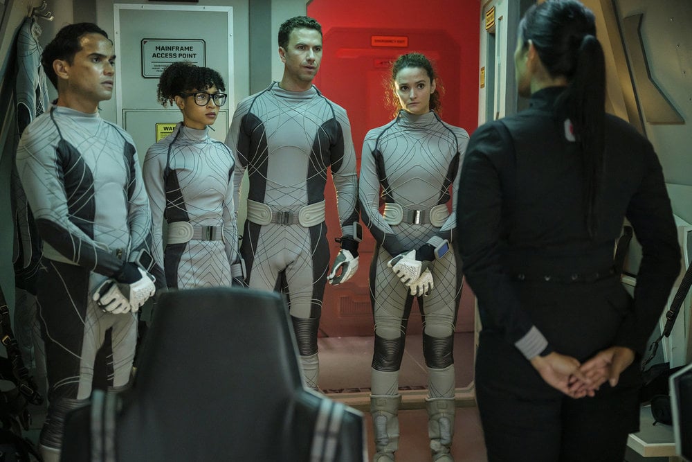 THE ARK -- "Failed Experiment" Episode 201 -- Pictured: (l-r) Reece Ritchie as Lt. Spencer Lane, Stacey Read as Alicia Nevins, Richard Fleeshman as Lt. James Brice, Christie Burke as Lt. Sharon Garnet -- (Photo by: Aleksandar Letic/Ark TV Holdings, Inc./SYFY)