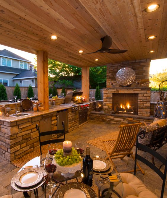 02 a fireplace for light and coziness and small LED lights over the whole kitchen and dining area
