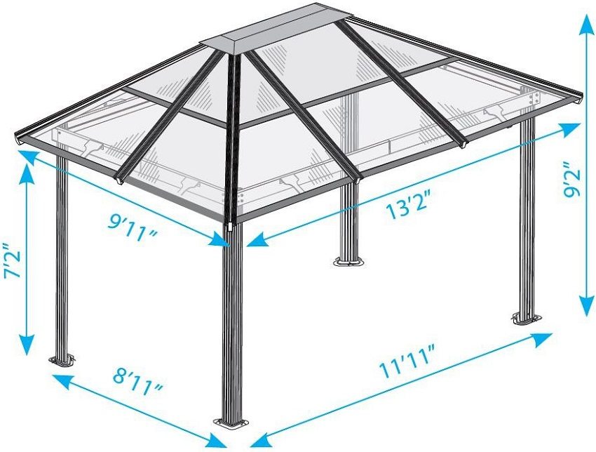 Схема простой беседки с металлическим каркасом и крышей из поликарбоната