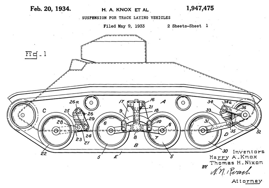 ​Иллюстрация из патента наглядно показывает, каким был исходный облик как самого танка, так и ходовой части для него - Броня для американской кавалерии | Военно-исторический портал Warspot.ru