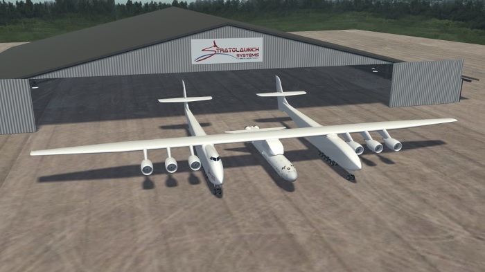 3D модель самолета Stratolaunch с подвешенной ракетой.