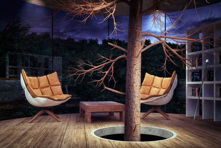 стеклянный дом построенный вокруг дерева 