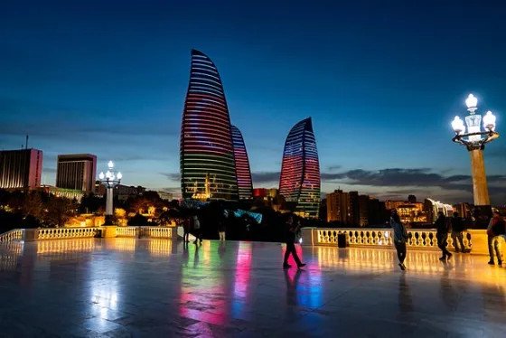 baku, Azerbaijan - Colorful lights on Flame towers, symbol of baku at night