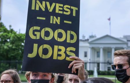The Sunrise Movement holds a protest outside the White House demanding action on climate change and green jobs in Washington, U.S., June 4, 2021. REUTERS/Evelyn Hockstein