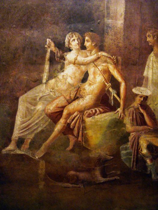 Дидона, обнимающая Энея. Римская фреска в Доме Кифариста в Помпеях, Италия (10 г. до н.э. - 45 г. н.э.).