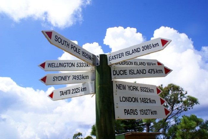 Знак, показывающий на каком расстоянии находится остров от самых известных городов мира (Остров Питкэрн, Великобритания). | Фото: wonderfulnature.ru.