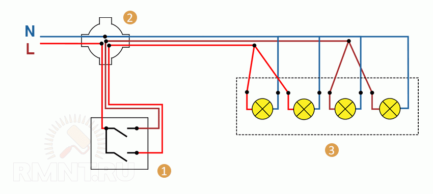 подключение люстры к двухклавишному выключателю схема