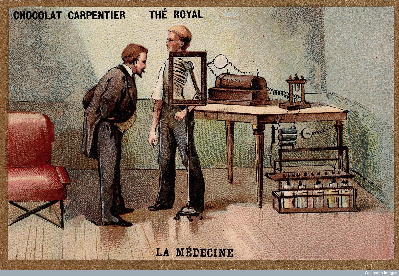 Вильгельм Конрад Рентген смотрит на рентгеновский экран Wilhelm Conrad Roentgen looking into an X-ray screen placed