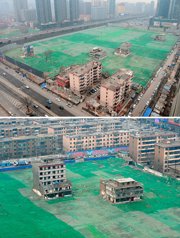Nail Houses Whose Owners Refused To Relocate, At The Construction Field In Taiyuan, Shanxi Province Of China