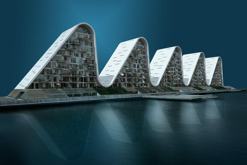 Жилой комплекс в датском городе-порте Вайле, напоминающий по форме волну