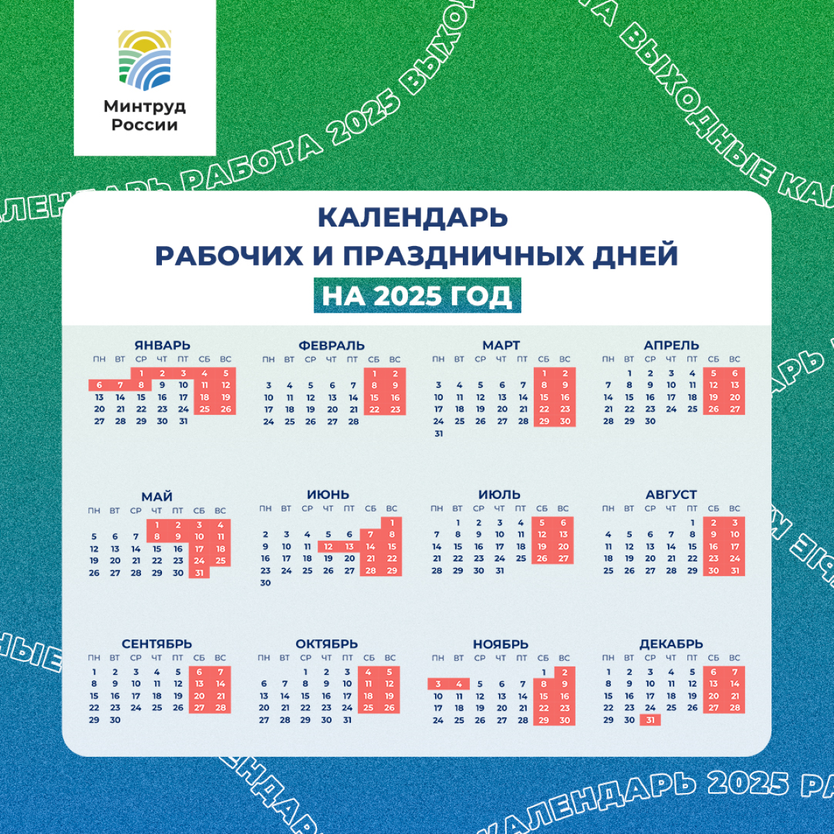 Минтруд опубликовал календарь рабочих и праздничных дней в 2025 году