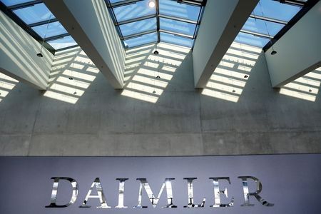 The Daimler logo is seen before the Daimler annual shareholder meeting in Berlin, Germany, April 5, 2018. REUTERS/Hannibal Hanschke