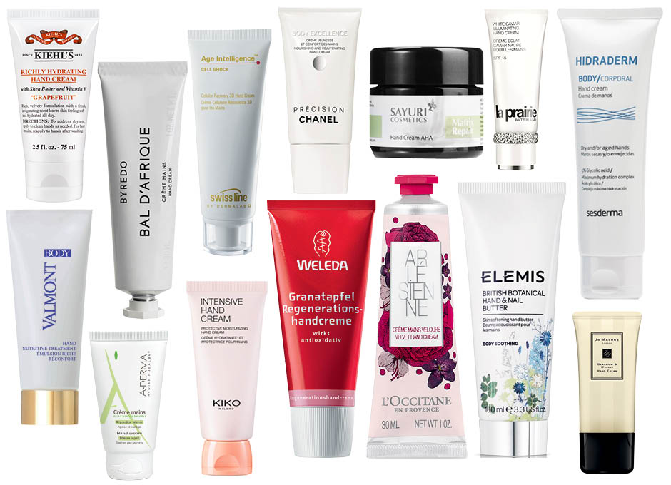 1. Kiehl's Richly Hydrating Hand Cream Grapefruit; 2. Byredo Bal D'Afrique; 3. Swiss Line Age Intelligance; 4. Chanel Body Excellence; 5. Sayuri Cosmetics Hand Cream AHA; 6. La Prairie White Caviar Illuminating Hand Cream SPF 15; 7. Hidraderm Hand Cream Sesderma; 8. Jo Malone Geranium & Walnut; 9. Elemis British Botanical Hand & Cream Butter; 10. L’Occitane Arlesienne; 11. Weleda Granatapfel; 12. Kiko Intensive Hand Cream; 13. A-Derma Essentials; 14. Valmont Hand Nutritive Treatment 
