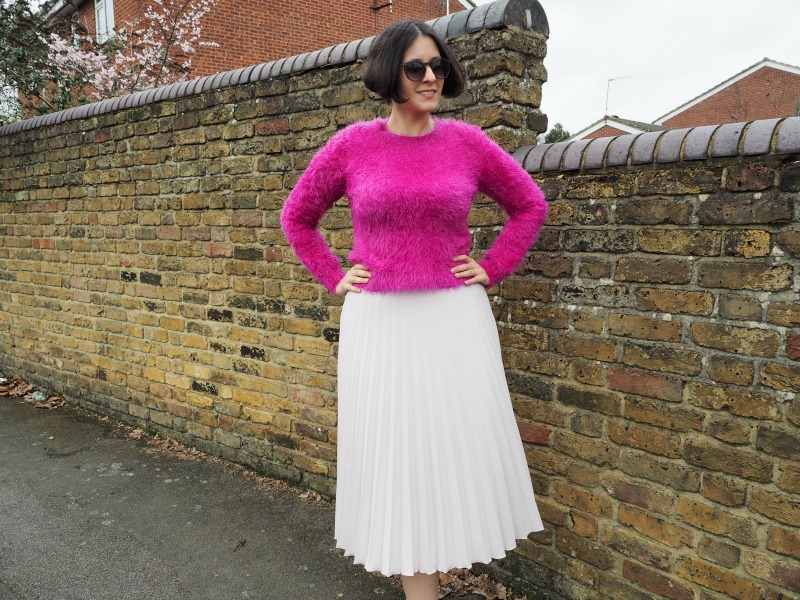 Pink fluffy jumper and blush pleated skirt 