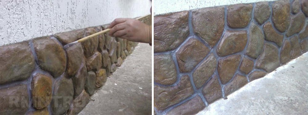 отделка цоколя плиточным клеем под камень