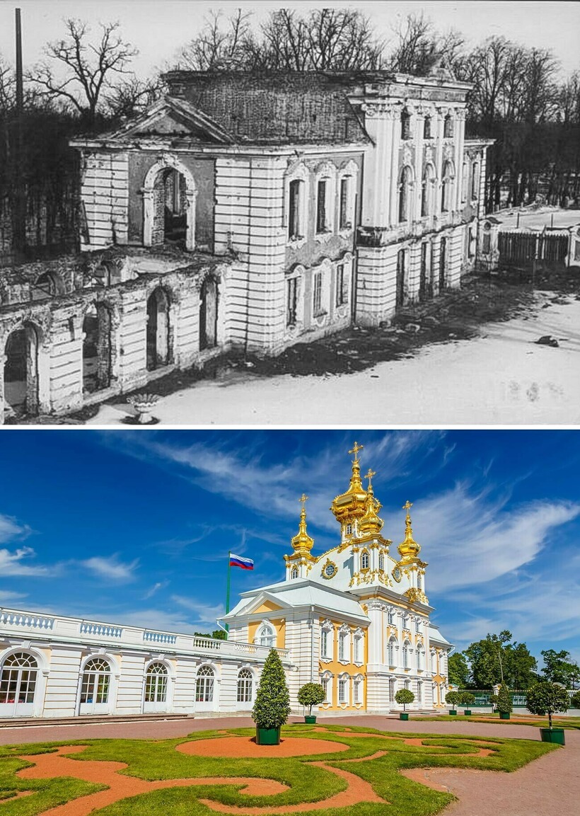 Музей «Церковный корпус» после отхода немцев и сегодня. Фото: legion-media.ru