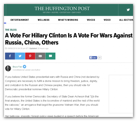 HuffPost: Голос за Клинтон – это голос за войну с Россией и Китаем