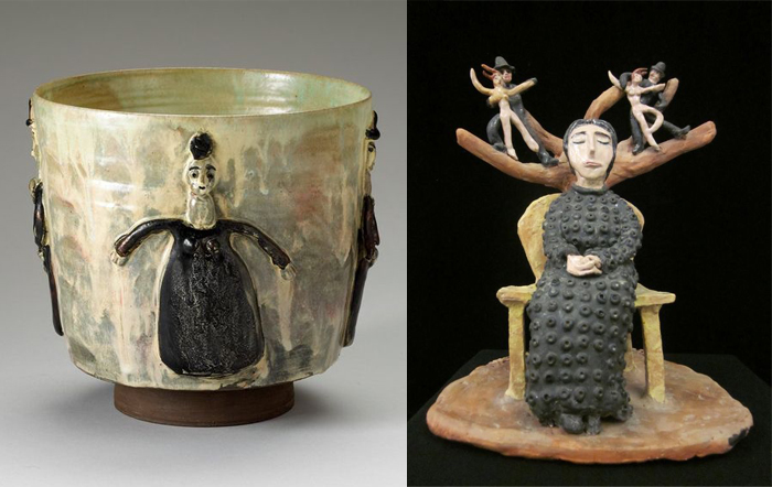 Чаша и скульптура с образами современных женщин.
