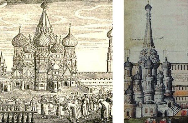 А вот рисунки уже XVII века. Правая гравюра относится к 1612 году, то есть всего спустя полвека после строительства. архитектура, загадки, история, история россии, расследования, тайны