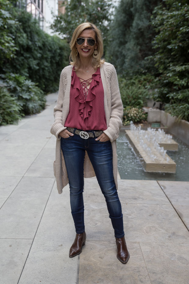 Cozy Ecru Cardigan and Maroon Ruffle Blouse