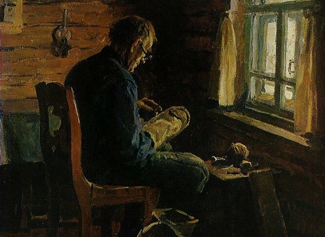 «Подшивает валенки», 1955, холст, масло