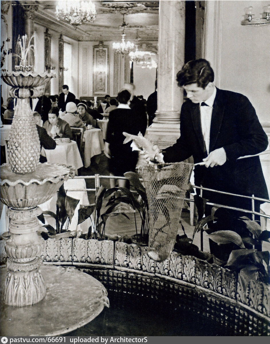 Официант ловит рыбу в фонтане, чтобы её приготовили гостю ресторана, 1963.