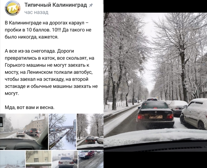 Снегопад превратил дороги Калининграда в каток и заставил автобусы «дрифтовать»