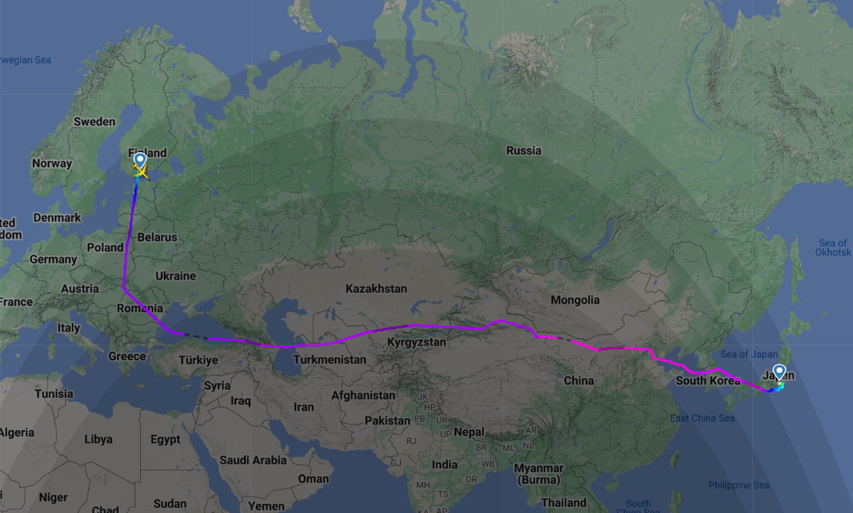 обходной маршрут Finnair AY61 из Хельсинки в Сеул