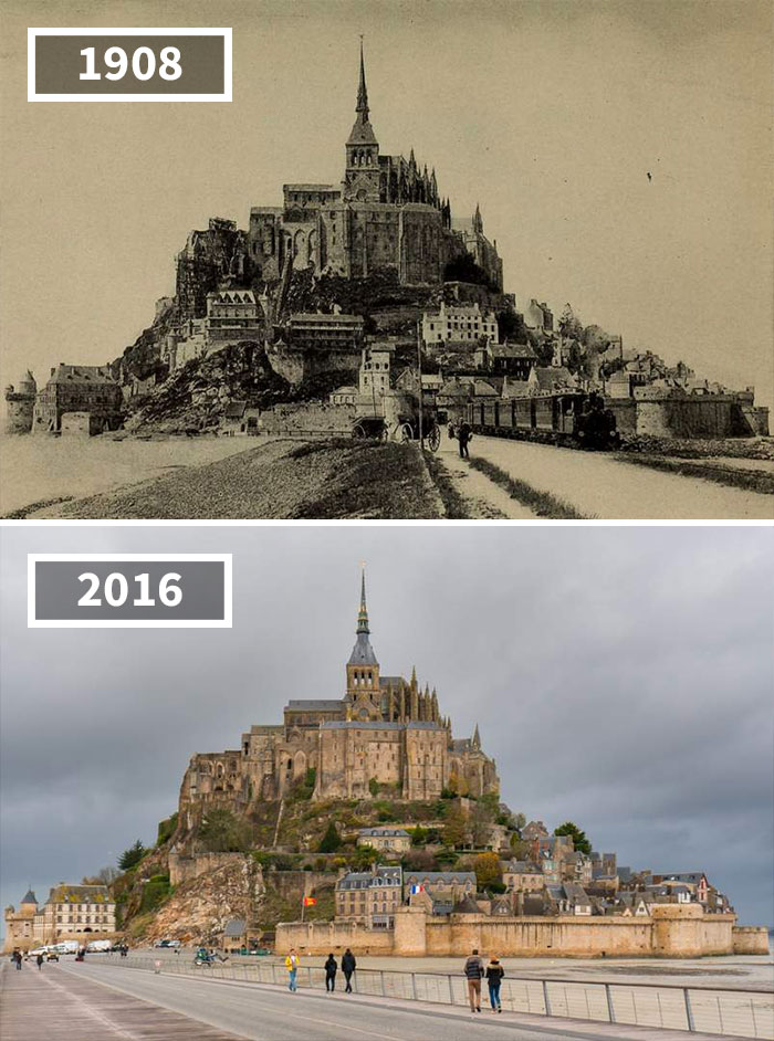 Horse Cart And Steam Locomotive, Mont Saint-Michel, France, 1908 - 2016